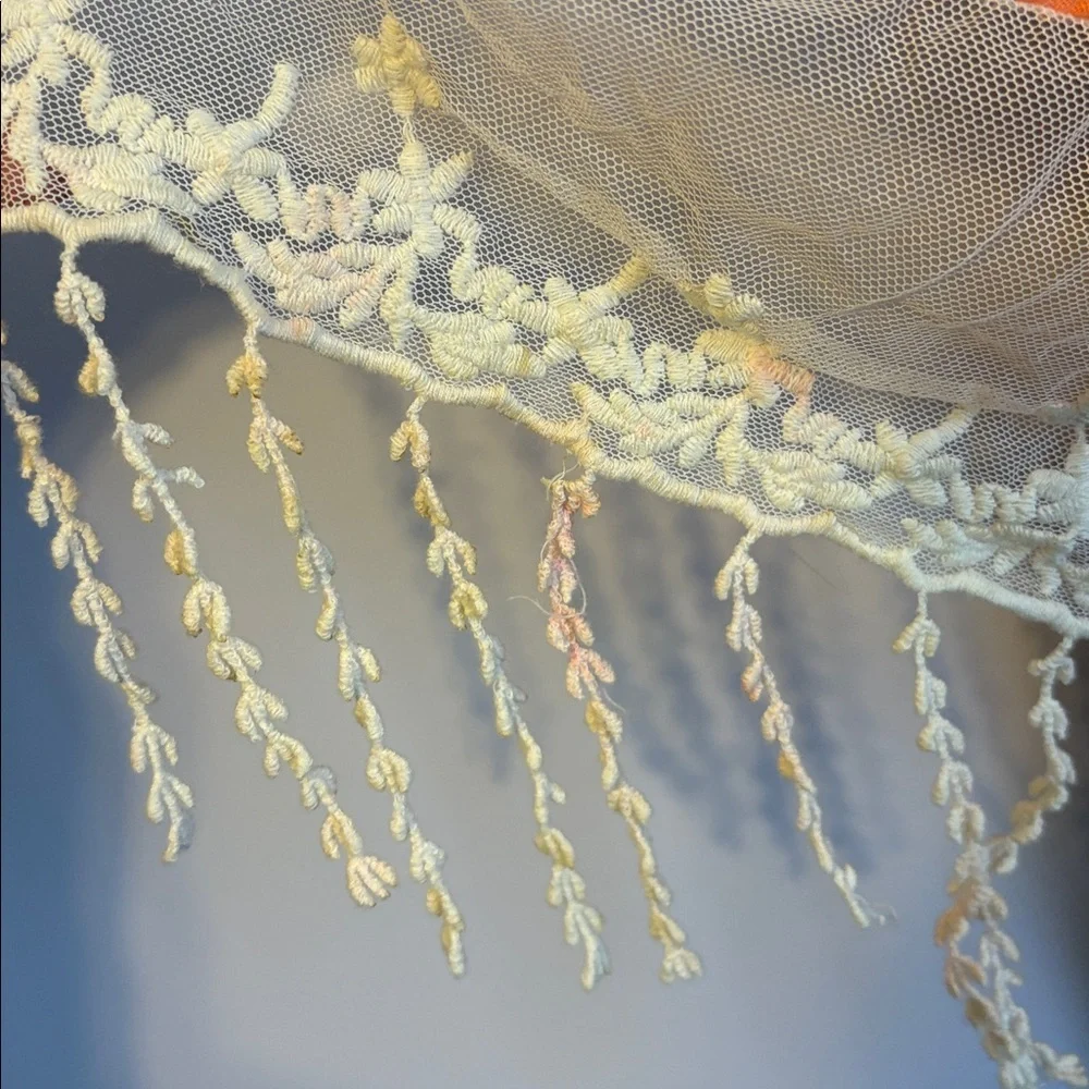 Tickled Pink Orange cream Mesh Crochet Embroidered Floral Scarf Fringe Cotton